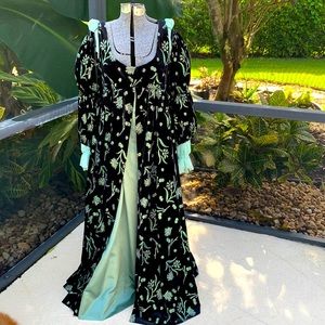 Long Sleeve Black Velvet Maxi Dress with Mint Green Floral Embroidery